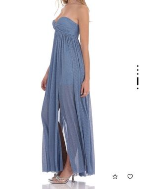 Lucy in the Sky Strapless Dusty Blue Maxi Dress with Front Slit
